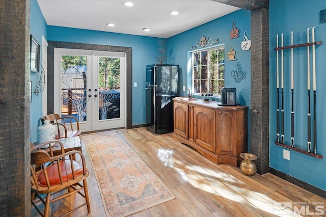 interior space featuring a wealth of natural light, sink, french doors, and light hardwood / wood-style floors