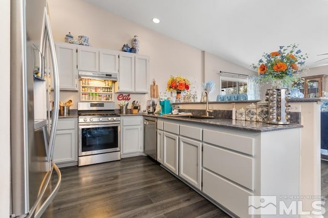 kitchen with appliances with stainless steel finishes, white cabinets, sink, and dark wood-type flooring