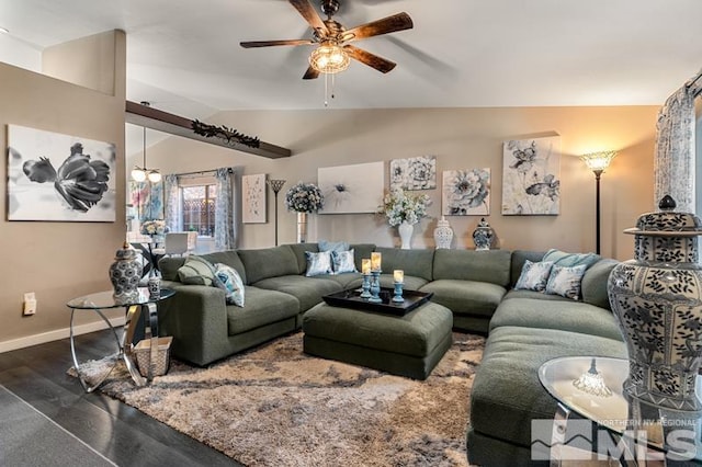 living room with ceiling fan, vaulted ceiling, and dark hardwood / wood-style flooring