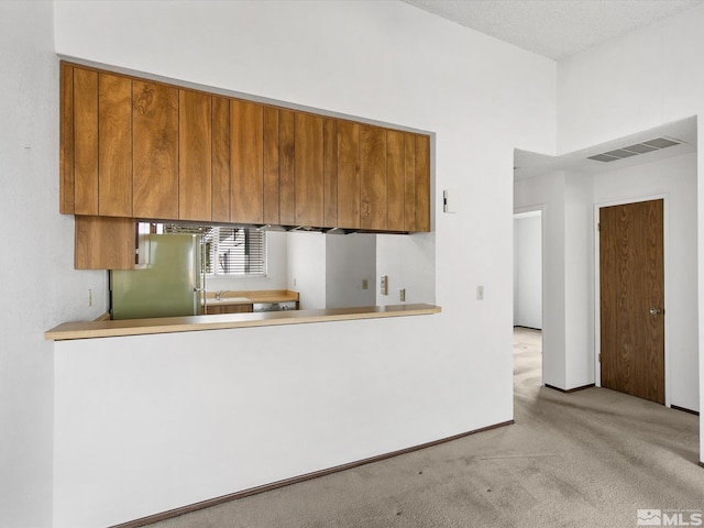 kitchen with stainless steel refrigerator, light carpet, sink, and a textured ceiling