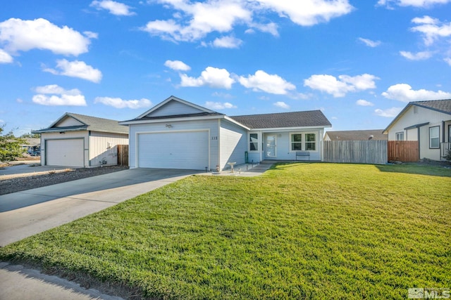 ranch-style house with a front yard and a garage