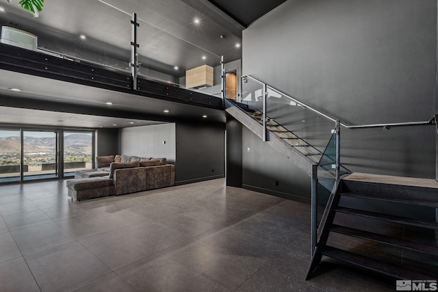 staircase featuring a mountain view