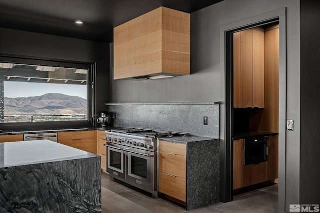 kitchen with appliances with stainless steel finishes, a mountain view, tasteful backsplash, and dark wood-type flooring