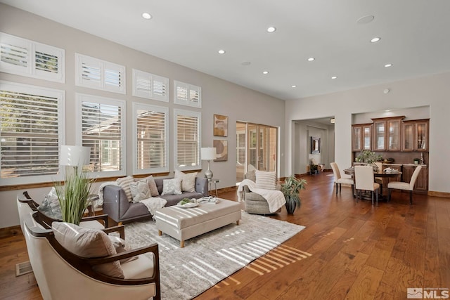 living room with dark hardwood / wood-style flooring