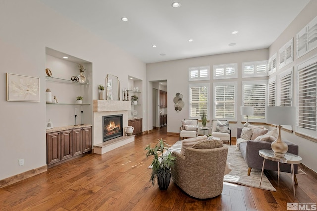 living room featuring hardwood / wood-style floors and built in shelves