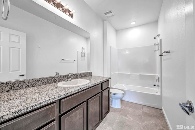 full bathroom featuring toilet, bathtub / shower combination, and vanity