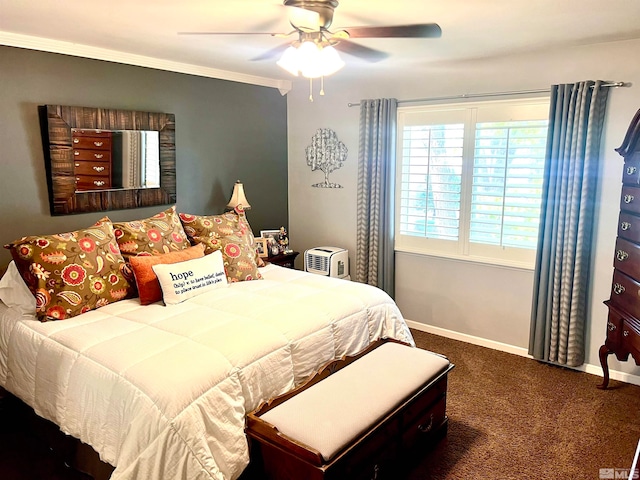 bedroom with ornamental molding, carpet flooring, and ceiling fan