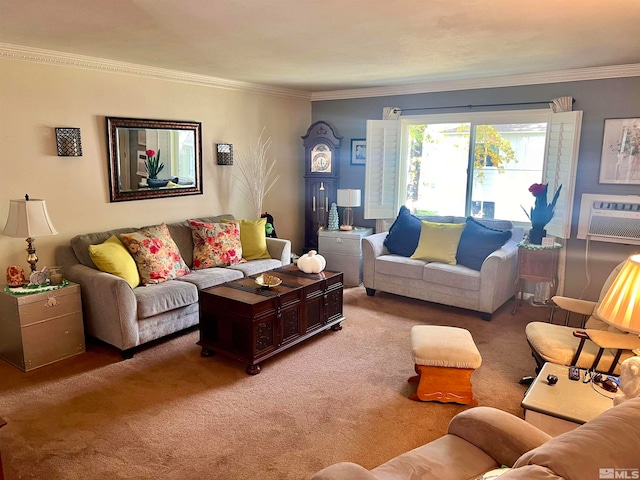 carpeted living room with a wall unit AC and crown molding