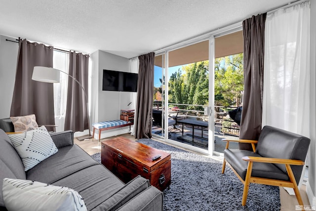 living area with floor to ceiling windows and a textured ceiling
