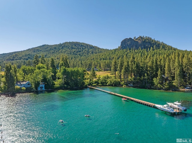 birds eye view of property with a water and mountain view