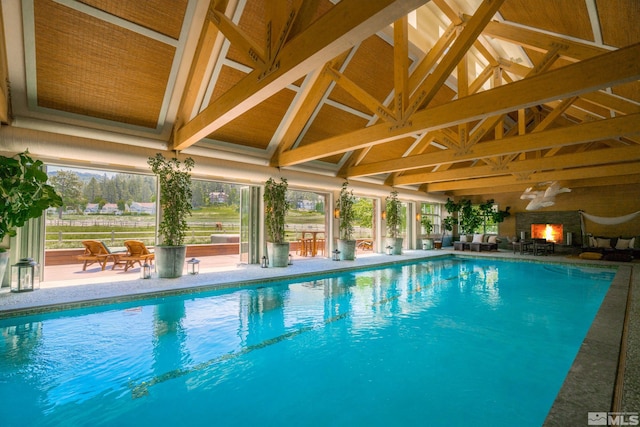 view of pool featuring a patio area and ceiling fan