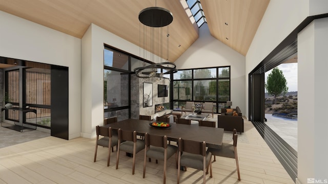 dining area featuring high vaulted ceiling, light hardwood / wood-style floors, a notable chandelier, and wood ceiling