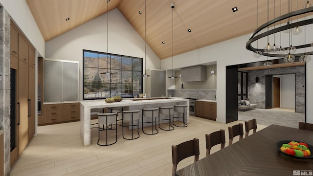 dining area with wood ceiling, light hardwood / wood-style flooring, and high vaulted ceiling