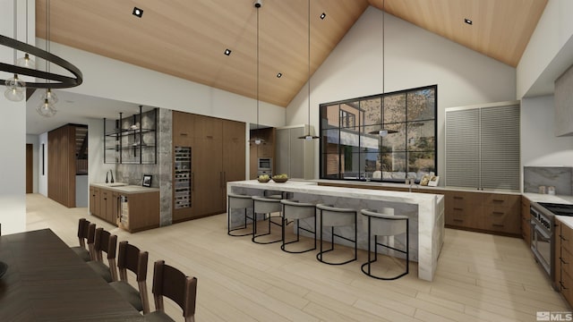 kitchen featuring high vaulted ceiling, light wood-type flooring, electric range, and wooden ceiling