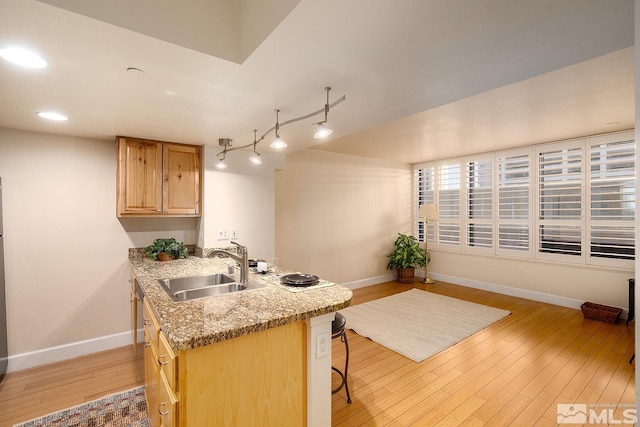 kitchen featuring kitchen peninsula, light stone counters, a breakfast bar, light hardwood / wood-style flooring, and sink