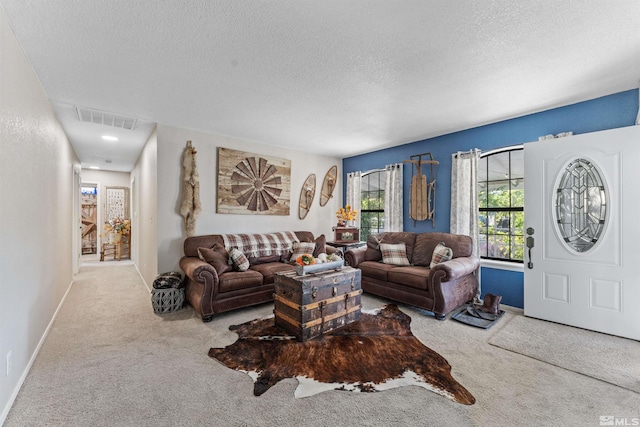 living room featuring light carpet and a textured ceiling
