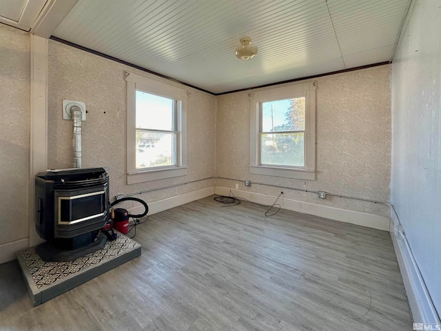 living room with hardwood / wood-style floors, a wood stove, and plenty of natural light