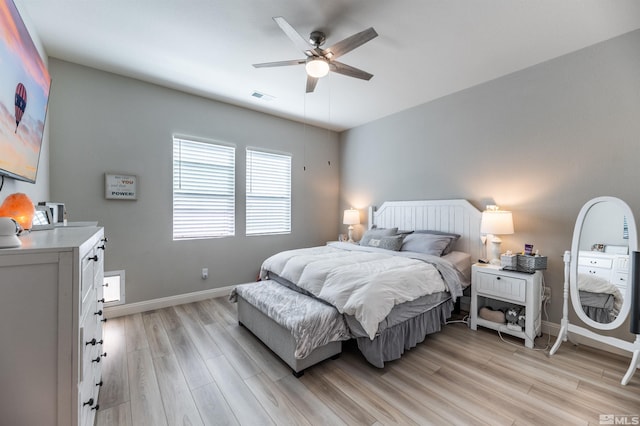 bedroom with ceiling fan and light hardwood / wood-style flooring