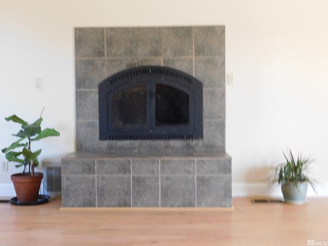 room details with hardwood / wood-style flooring and a fireplace