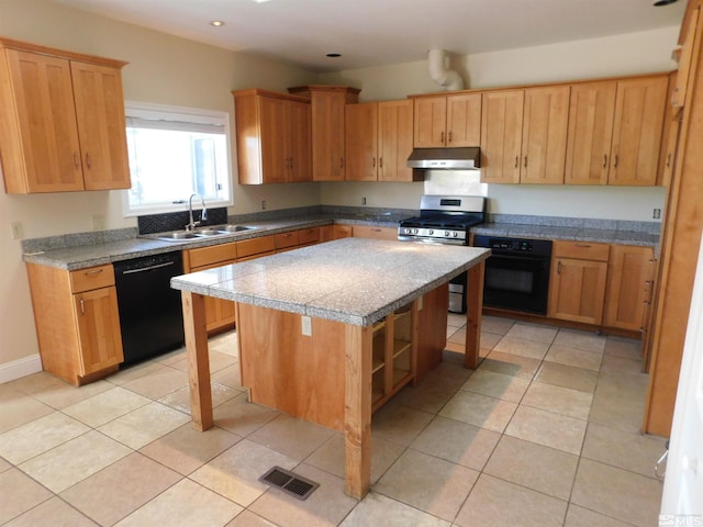 kitchen with light tile patterned floors, black appliances, sink, a center island, and a breakfast bar