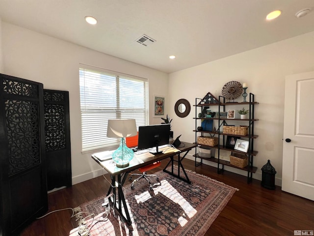 home office featuring dark hardwood / wood-style floors