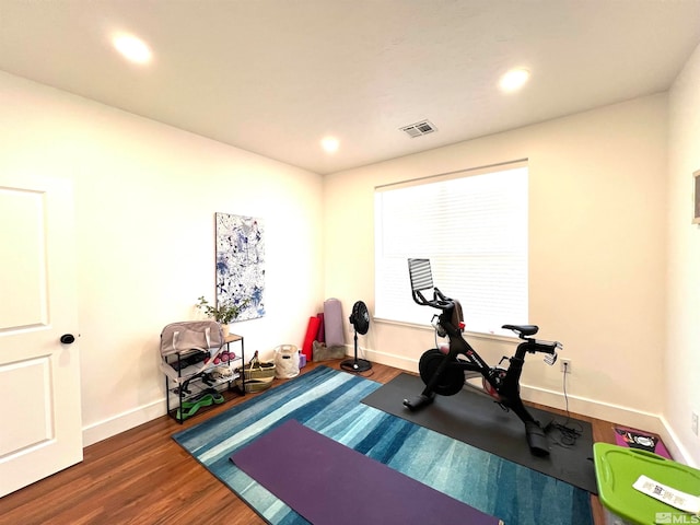 workout room with dark hardwood / wood-style floors