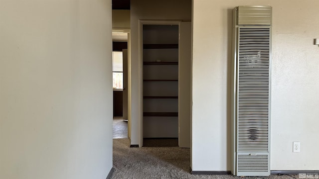 corridor with carpet floors and a heating unit