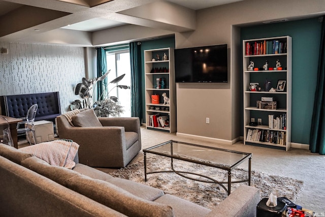 living room with coffered ceiling and carpet flooring