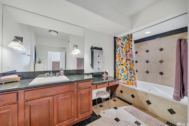 bathroom featuring vanity, shower / tub combo with curtain, and tile patterned floors