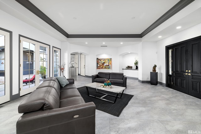 living room with crown molding