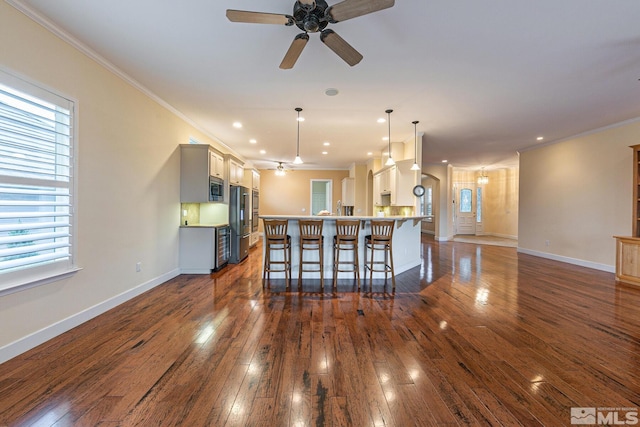 kitchen featuring a spacious island, dark wood-type flooring, a kitchen breakfast bar, pendant lighting, and stainless steel appliances