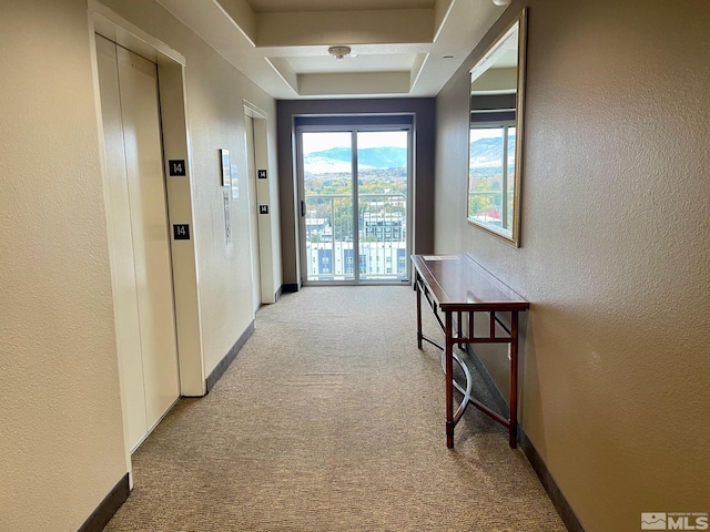 hallway with a raised ceiling, elevator, and light colored carpet