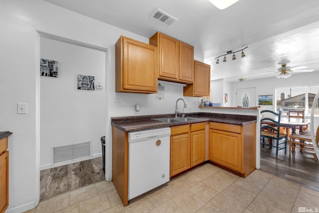 kitchen featuring kitchen peninsula, ceiling fan, dishwasher, light hardwood / wood-style floors, and sink