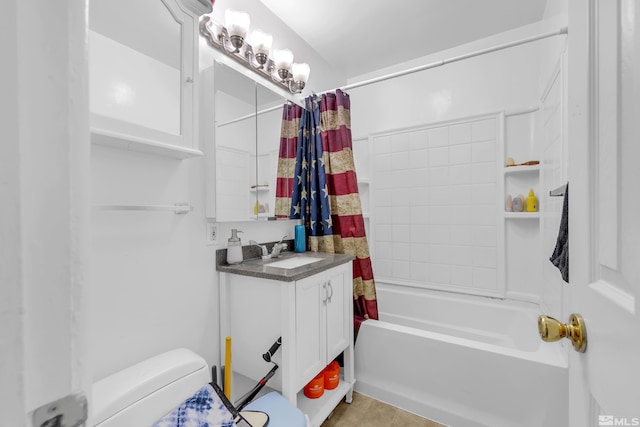 full bathroom featuring vanity, shower / tub combo with curtain, toilet, and tile patterned floors