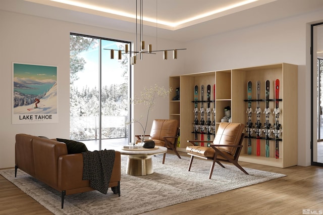 sitting room with wood-type flooring and a raised ceiling