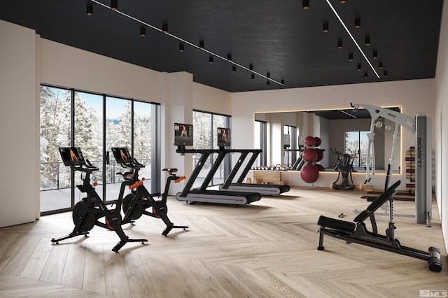 workout area featuring parquet flooring, a healthy amount of sunlight, and a high ceiling