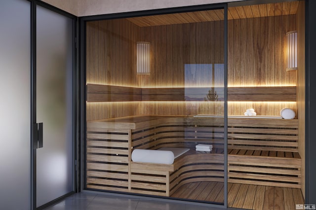 view of sauna with tile patterned flooring