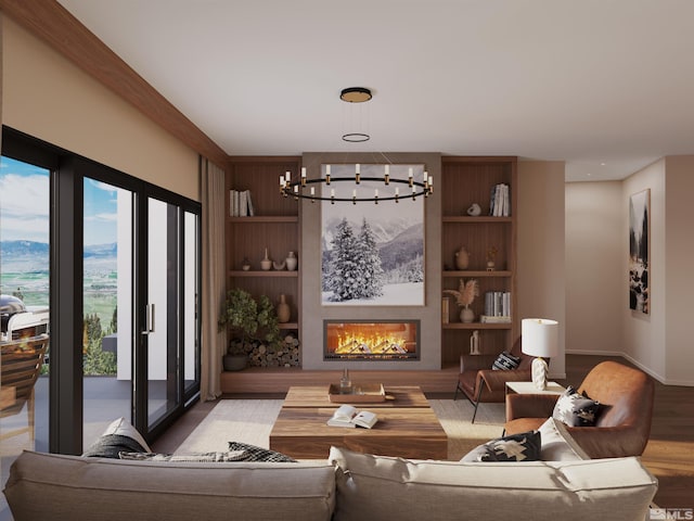 living room with light hardwood / wood-style floors, an inviting chandelier, and built in shelves