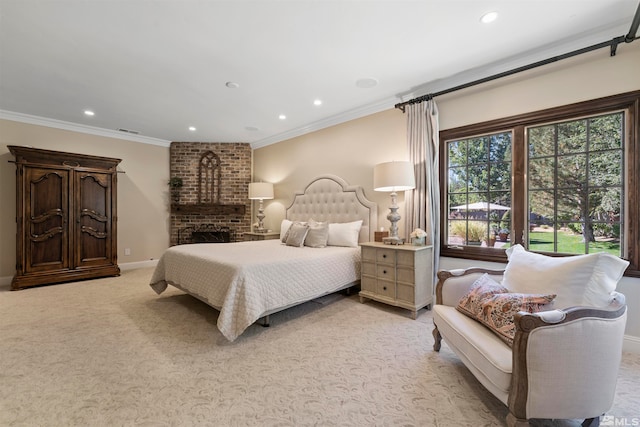 carpeted bedroom featuring ornamental molding and a brick fireplace