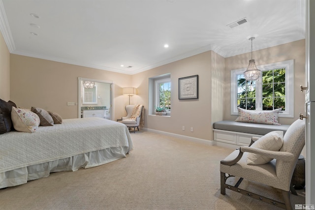 carpeted bedroom with an inviting chandelier and crown molding