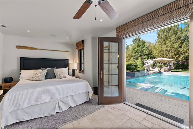 bedroom with access to outside, french doors, and ceiling fan