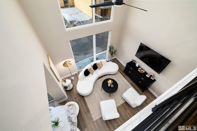 living room with ceiling fan and wood-type flooring