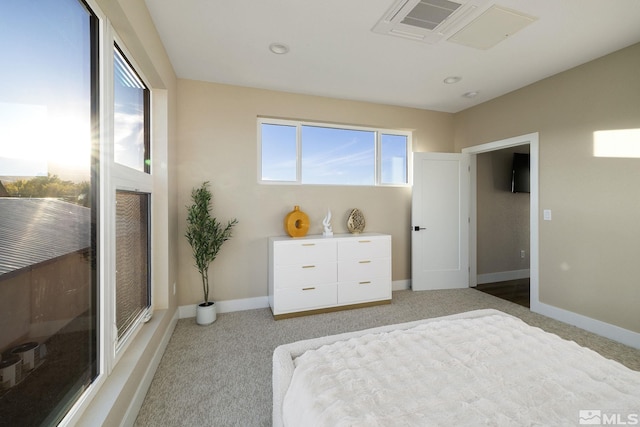 bedroom with light colored carpet