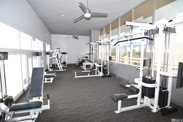 exercise room featuring ceiling fan, vaulted ceiling, and dark colored carpet