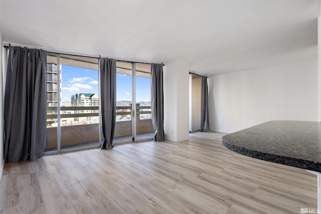 spare room with a wall of windows and light hardwood / wood-style floors