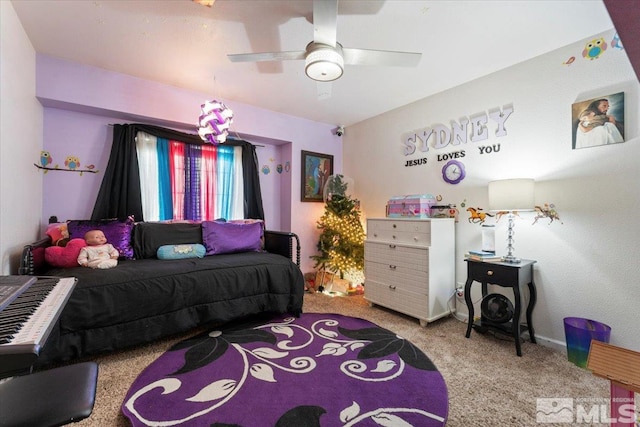 carpeted bedroom with ceiling fan