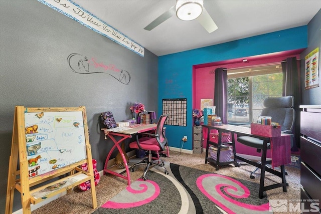 office with ceiling fan and carpet flooring