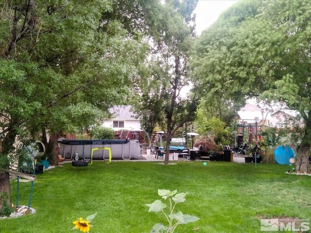 view of yard with a trampoline and a playground