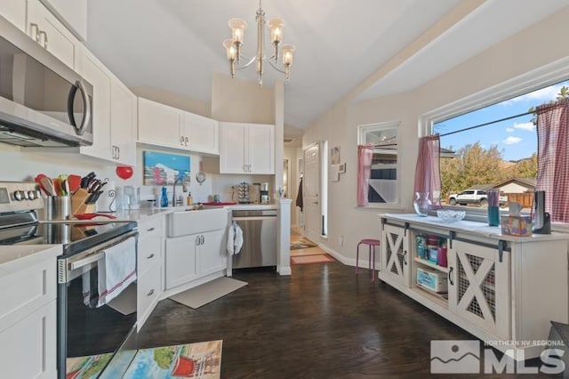 kitchen with appliances with stainless steel finishes, hanging light fixtures, white cabinets, and dark hardwood / wood-style flooring