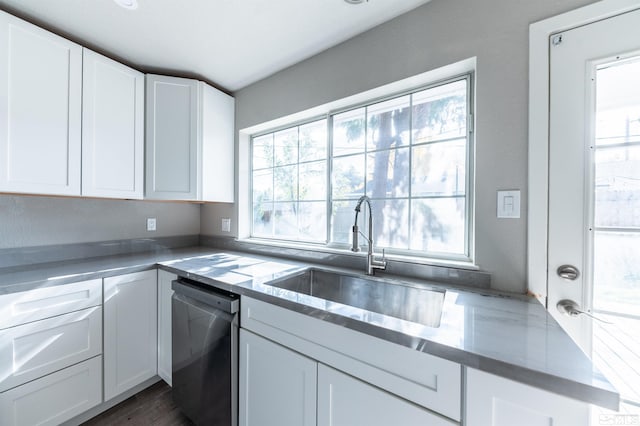 kitchen featuring stainless steel dishwasher, sink, white cabinets, and dark hardwood / wood-style flooring